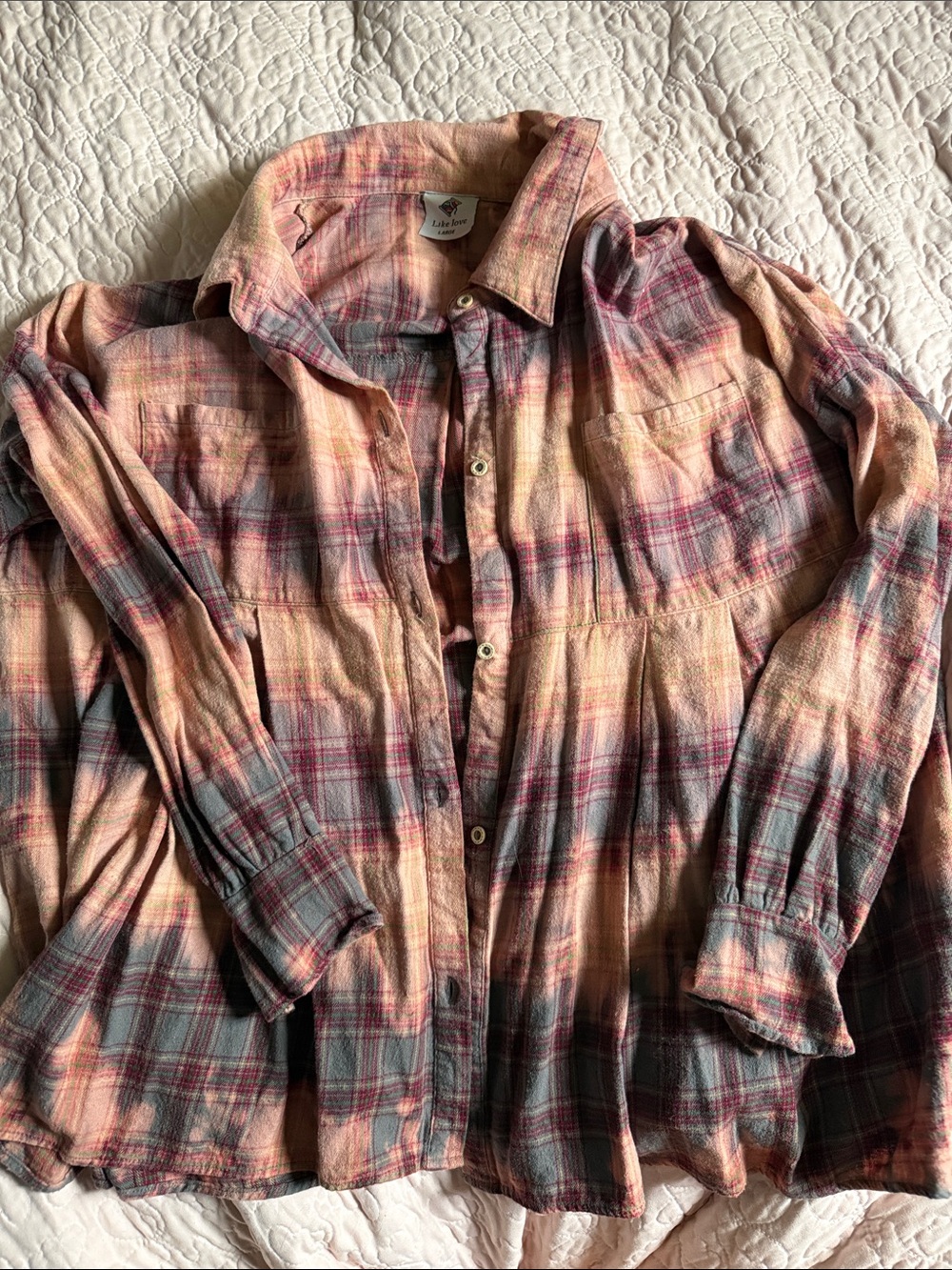 Relaxed Plaid Button-Down Shirt in Peach and Gray